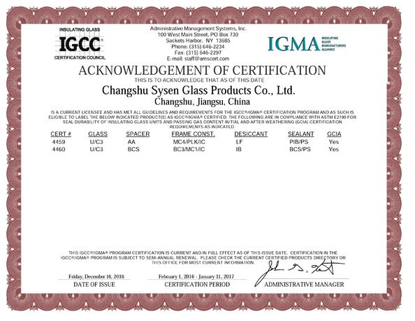 China Changshu Sysen glass products Co. Ltd. Certificações